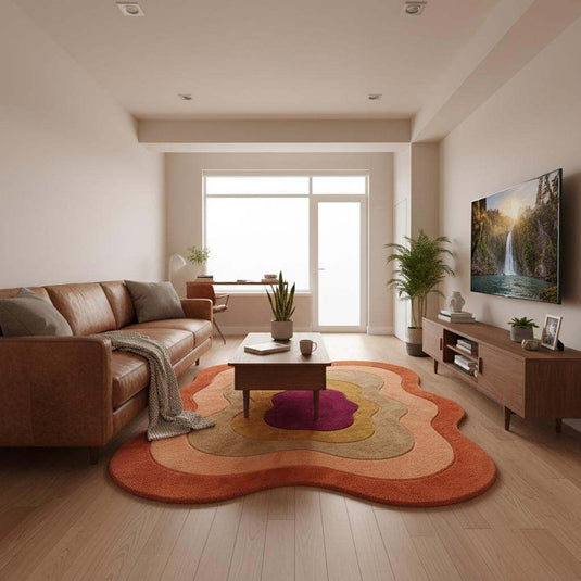 Translation missing: es.Mid century modern rug with vibrant groovy layered design and organic shape