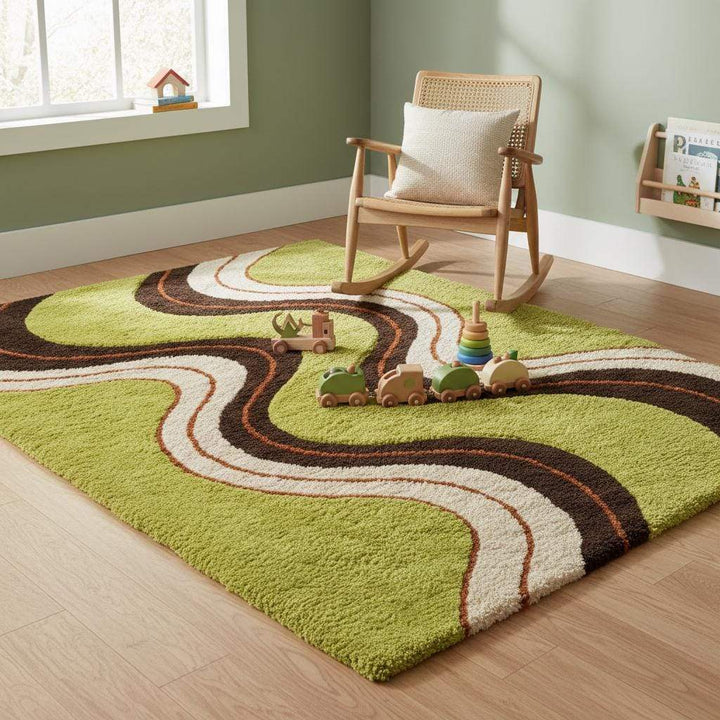 Translation missing: es.Funky wavy abstract shag rug, hand tufted wool rug with groovy 70s pattern, thick pile rug for home decor and gifting