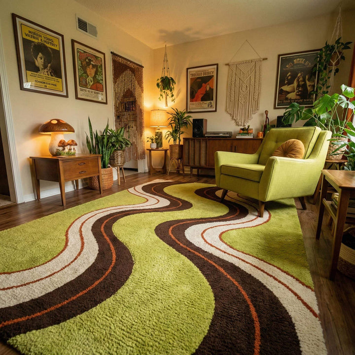 Translation missing: es.Funky wavy shag rug with bold 70s retro pattern in earthy avocado, brown, cream, and rust tones