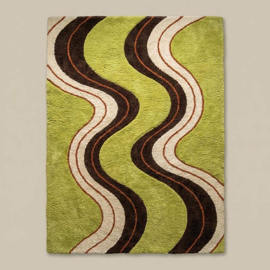 Translation missing: es.Groovy 70s inspired abstract wave rug with plush shag pile, hand tufted wool area rug in green brown cream for vintage home styling