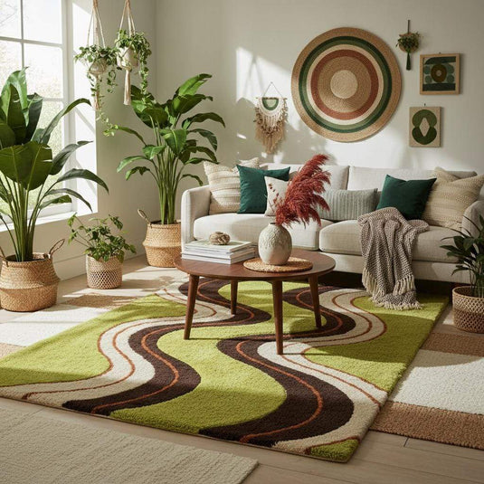 Translation missing: es.Mid century modern shag rug featuring curved wavy lines, thick plush wool tufted rug for cozy living room or bedroom decor