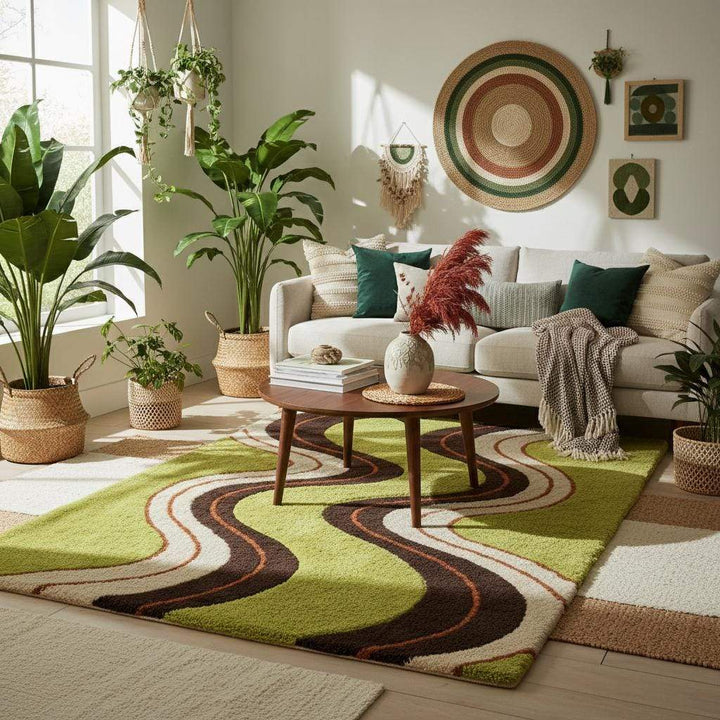 Translation missing: es.Mid century modern shag rug featuring curved wavy lines, thick plush wool tufted rug for cozy living room or bedroom decor