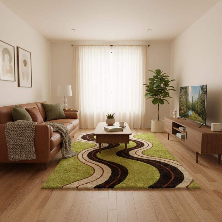 Translation missing: es.Retro avocado green statement area rug with brown cream wave design, hand tufted shag rug perfect for MCM and vintage interiors
