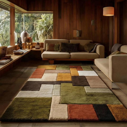 Translation missing: es.Retro Geometric Rug handmade shag wool tufted carpet with colorful patchwork design in earthy tones