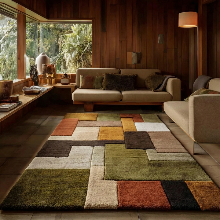 Translation missing: es.Retro Geometric Rug handmade shag wool tufted carpet with colorful patchwork design in earthy tones