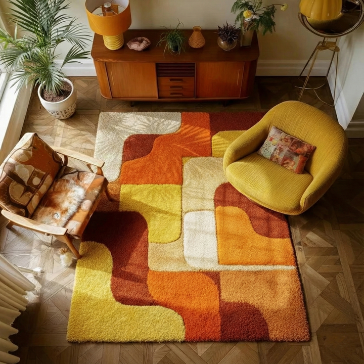 Translation missing: es.Handmade tufted rug with retro geometric design in warm sunset tones, made from durable wool yarns for cozy mid century vintage decor