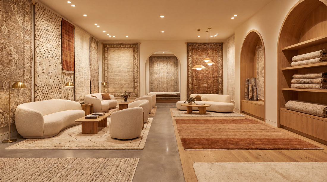Modern living room with beige sofas, wooden coffee tables, and decorative elements.