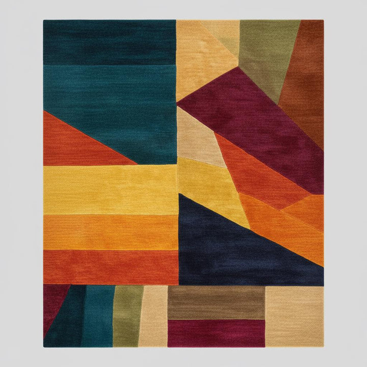 Translation missing: en.Colorful geometric area rug with bold triangle pattern and patchwork design in living room setting