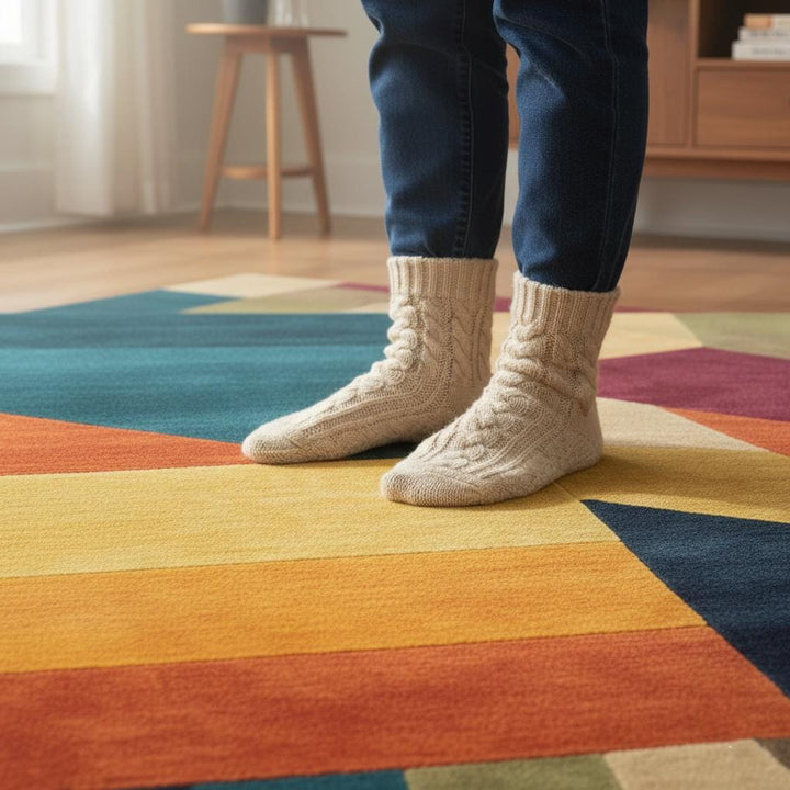 Translation missing: en.Colorful geometric area rug with triangle patchwork pattern in bold modern colors
