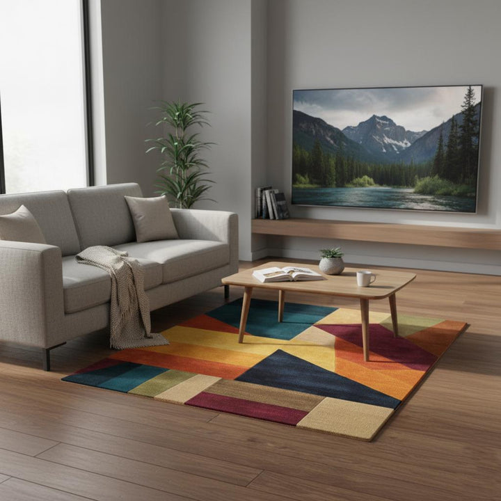 Translation missing: en.Colorful geometric area rug with triangle patchwork pattern for modern home decor