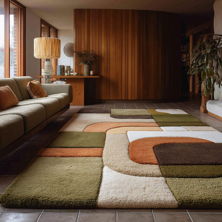 Translation missing: en.Mid century modern rug with olive green and rust orange geometric design, textured high pile, plush soft retro 70s style floor covering for boho and vintage decor
