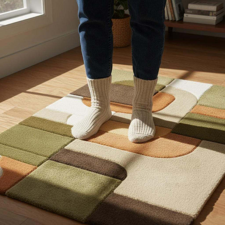 Translation missing: en.Mid century modern rug with olive green and rust orange geometric pattern, textured tufted high pile floor covering for boho retro decor