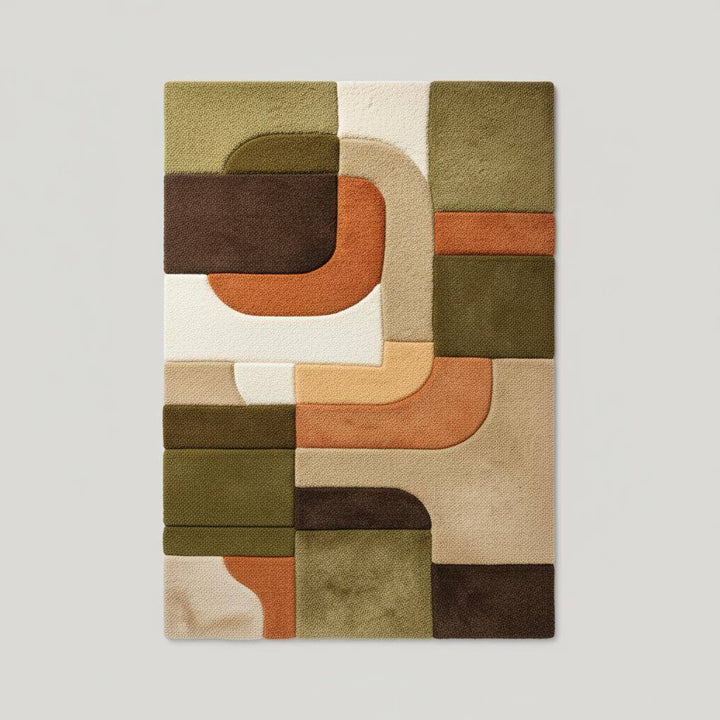 Translation missing: en.Mid century modern rug with olive green and rust orange geometric design, textured high pile plush floor covering for boho retro decor