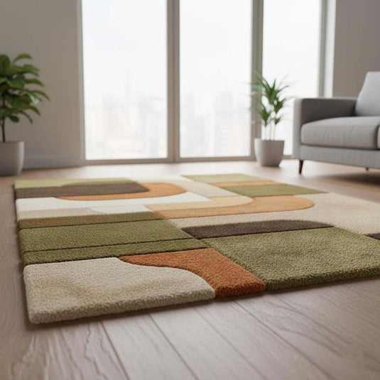 Translation missing: en.Mid century modern rug with olive green and rust orange geometric tufted texture for boho retro decor