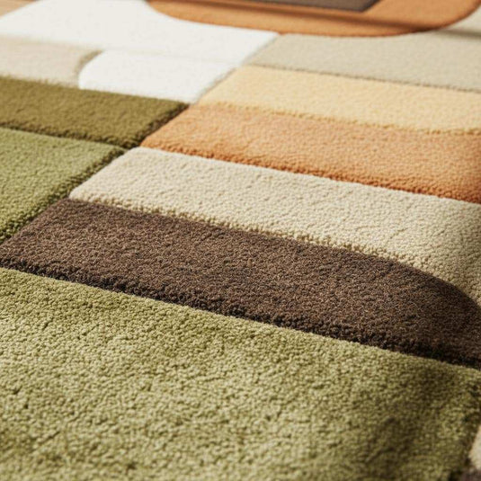 Translation missing: en.Mid century modern rug with olive green and rust orange geometric tufted design, plush high pile boho retro carpet