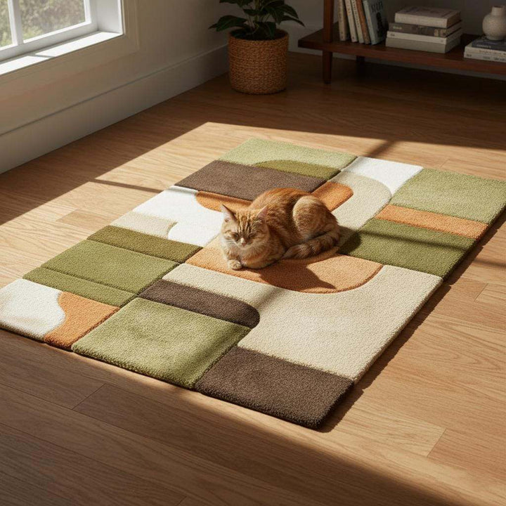 Translation missing: en.Mid century modern rug with olive green and rust orange geometric design, textured tufted plush floor covering for boho retro decor