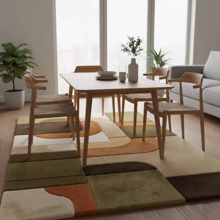 Translation missing: en.Mid century modern rug with geometric olive green and rust orange tufted texture for boho retro decor