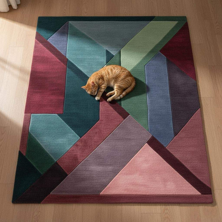 Translation missing: en.Geometric area rug with triangles in burgundy, green, teal, blush pink, and plum jewel tones