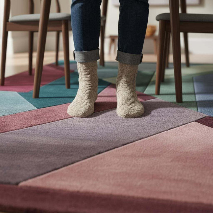 Translation missing: en.Rectangular abstract rug with jewel-tone palette and crisp angular design
