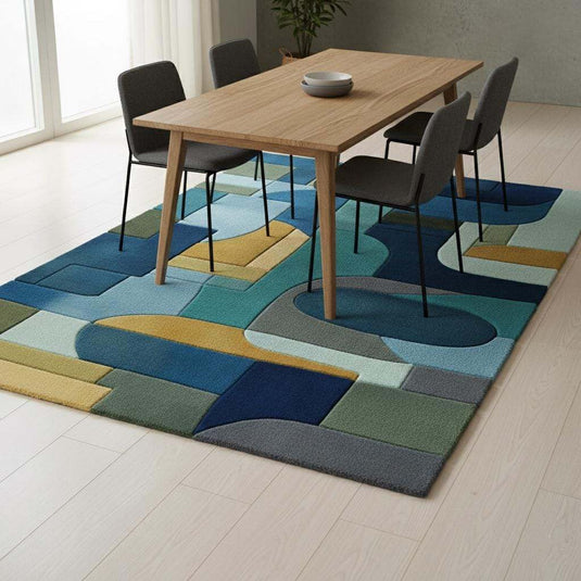 Translation missing: es.Modern retro rug featuring navy, teal, and mustard tones