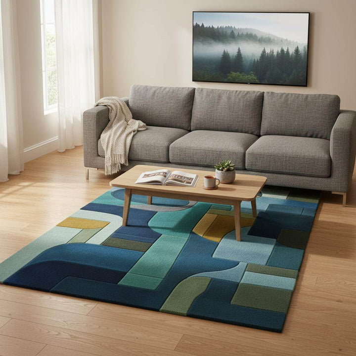 Translation missing: en.Artistic abstract rug with bold teal, gold, and gray accents