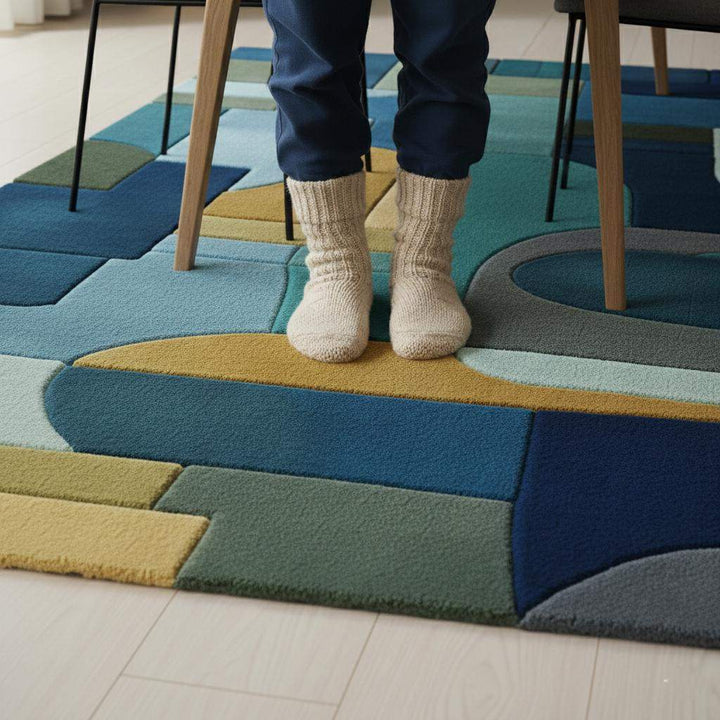 Translation missing: en.Geometric Block Area Rug: Mid-Century Modern Navy, Teal &amp; Gold Teppich
