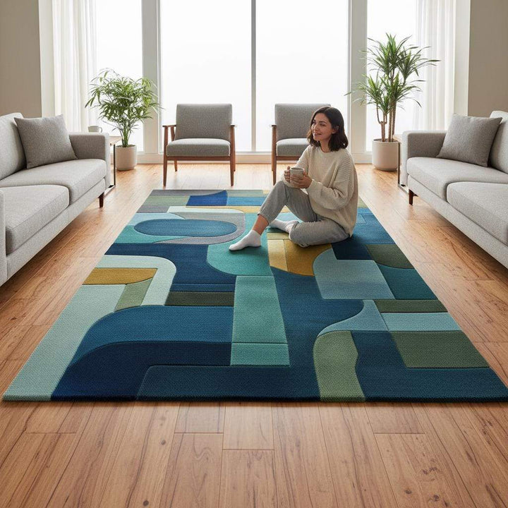 Translation missing: en.Geometric Block Area Rug: Mid-Century Modern Navy, Teal &amp; Gold Teppich