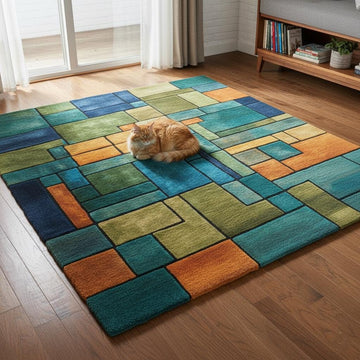 Translation missing: en.Modern geometric block rug in teal, olive green, navy, orange, and mustard colors