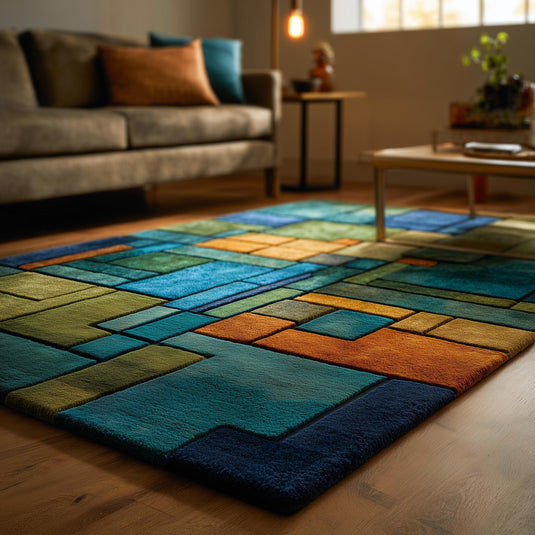 Translation missing: es.Statement area rug featuring teal, navy, and orange tones