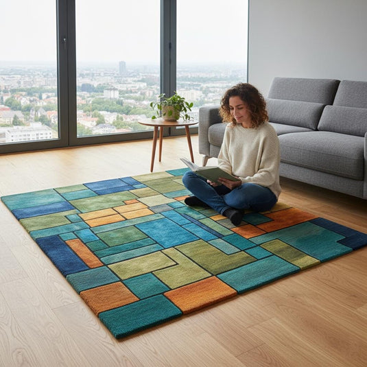 Translation missing: es.Retro inspired area rug with teal, green, and mustard accents