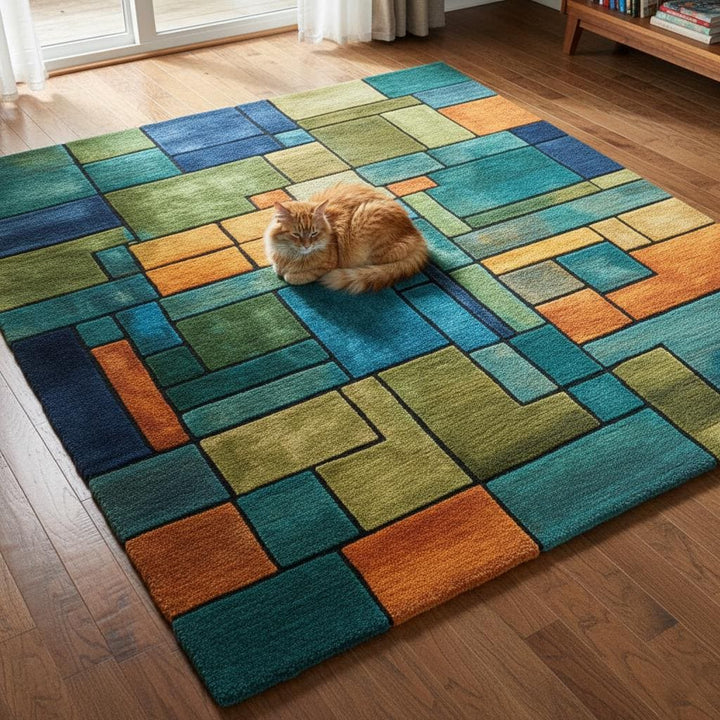 Translation missing: en.Geometric Block Rug – Teal Green Orange Modern Area Rug – Abstract Colorful Carpet Teppich