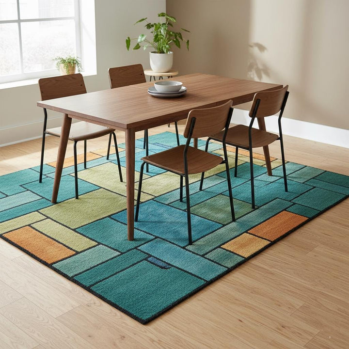 Translation missing: en.Geometric Block Rug – Teal Green Orange Modern Area Rug – Abstract Colorful Carpet Teppich