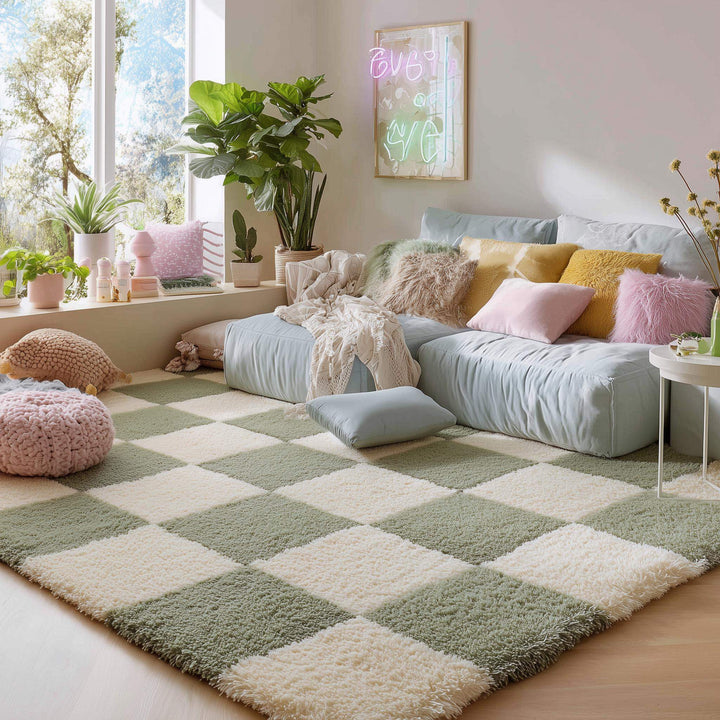 Translation missing: en.Green checkered tufted rug with modern plaid pattern and cream accents