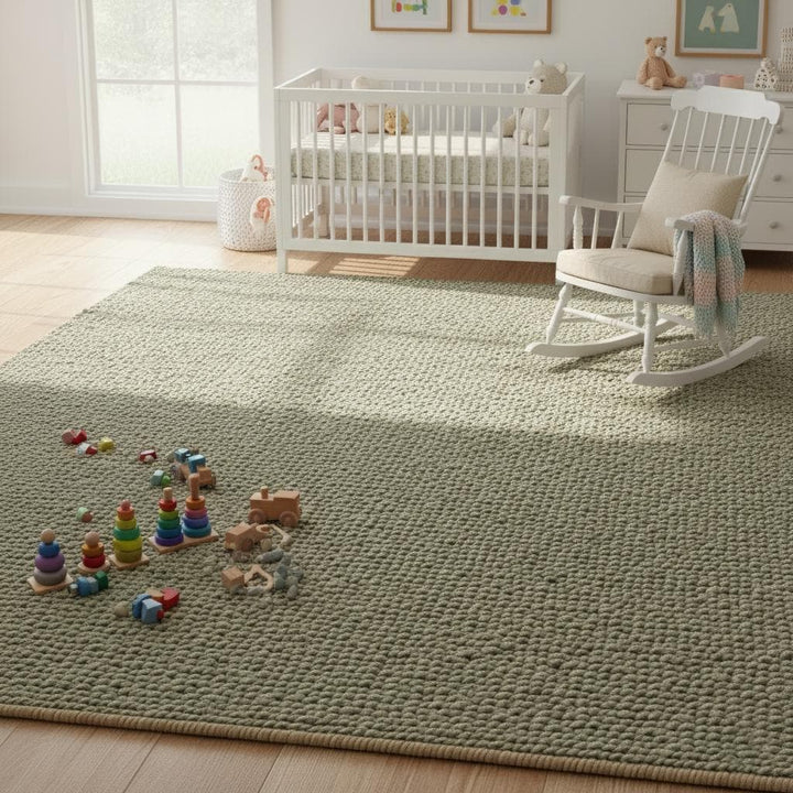 Translation missing: es.Textured sage wool rug close-up showing chunky weave, modern boho wool carpet teppich for bedroom