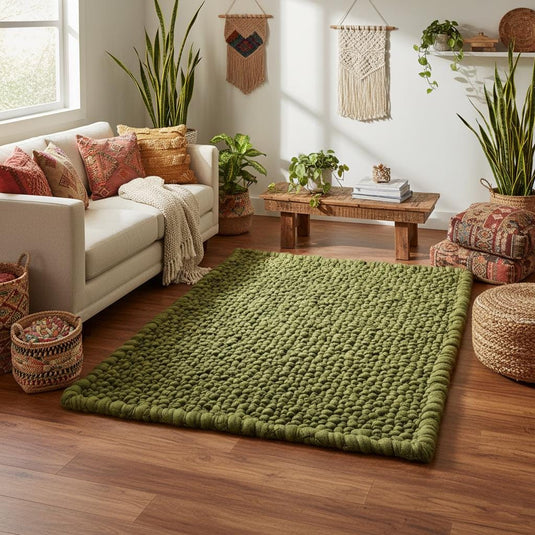 Translation missing: es.Rectangular moss-style textured rug in deep green tones shown in a flat lay top view for product listing