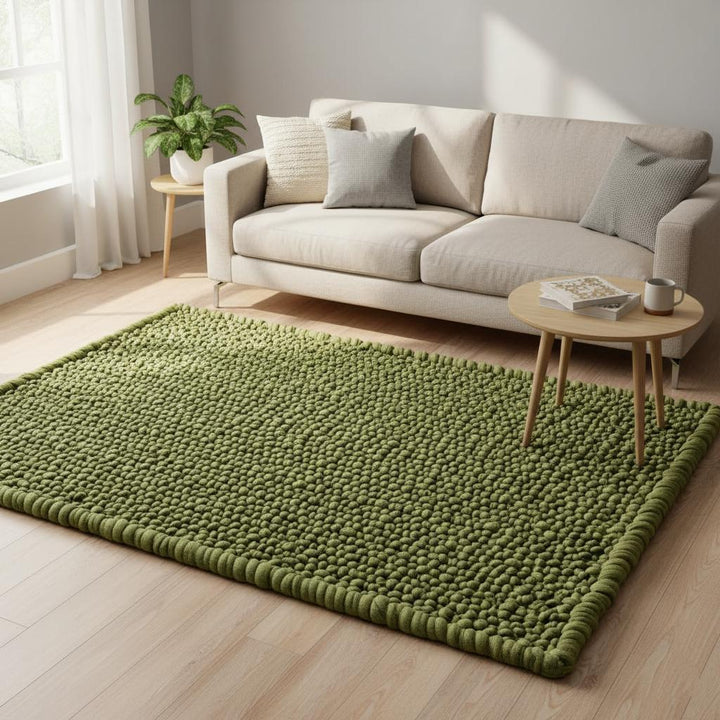 Translation missing: es.Hand-tufted green rug with cushioned pebble pattern, designed for cozy, natural, and aesthetic home interiors