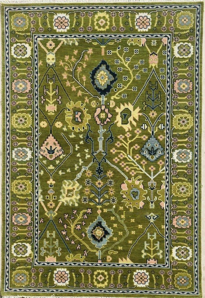 Translation missing: es.Hand-Knotted Olive Green Wool Rug: Turkish Oushak Area Rug
