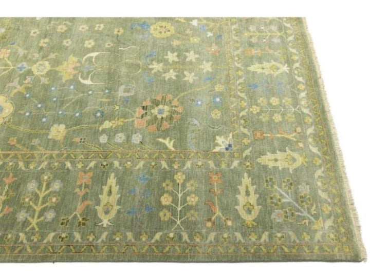 Translation missing: es.Hand-Knotted Olive Green Wool Rug: Turkish Oushak Area Rug