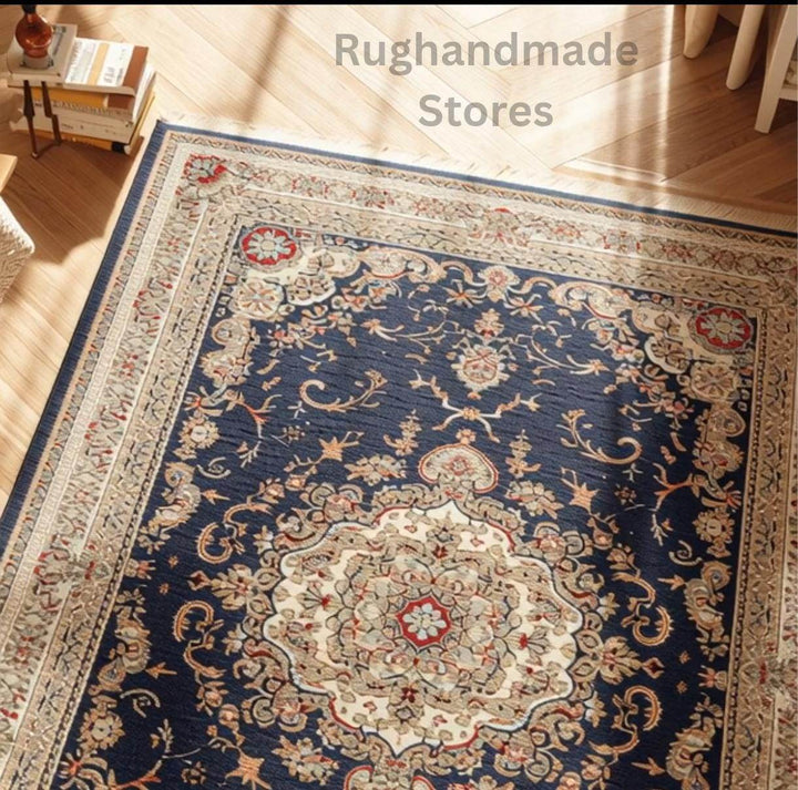Translation missing: es.Hand knotted Oushak rug with muted gray floral wool design, traditional Turkish craftsmanship in soft peachy orange, gray-blue, green, cream, and black hues, ideal for living room or bedroom