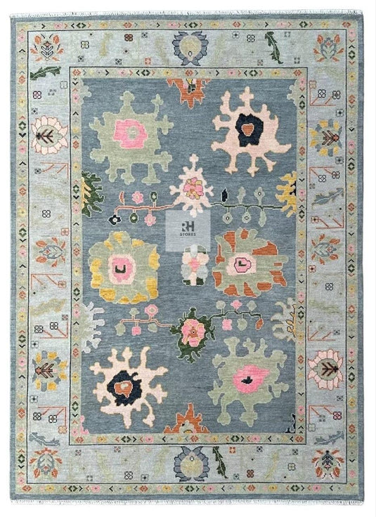Translation missing: es.Hand-knotted Oushak wool rug with abstract boho design in green and blueish green, 8x10 vintage Turkish carpet