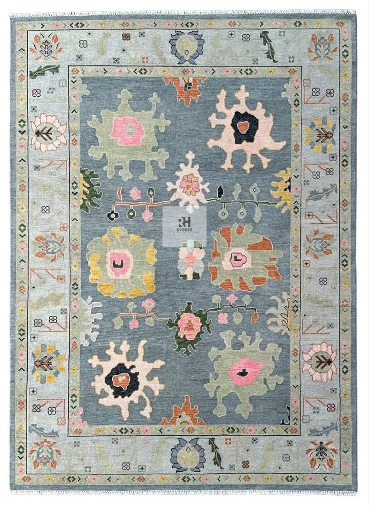 Translation missing: es.Hand-knotted Oushak wool rug with abstract boho design in green and blueish green, 8x10 vintage Turkish carpet