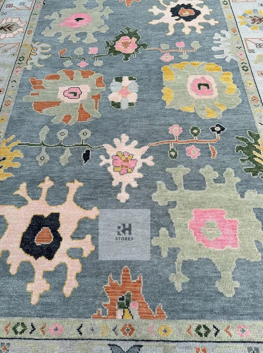 Translation missing: es.Hand-Knotted Oushak Wool Rug: Abstract Boho Design, 8x10 Vintage Turkish Carpet