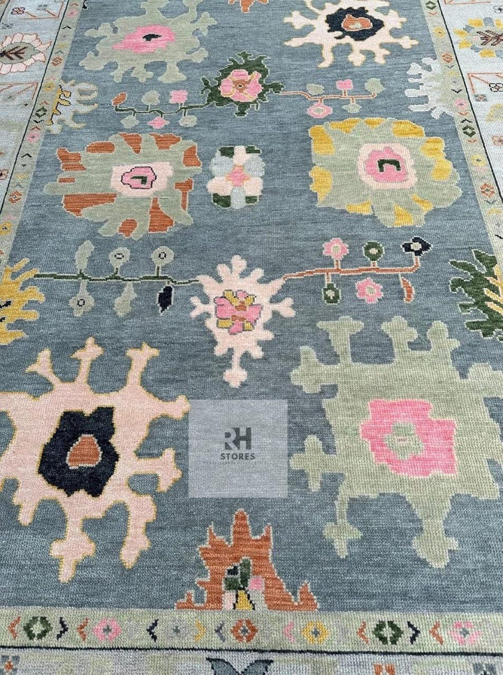 Translation missing: es.Hand-Knotted Oushak Wool Rug: Abstract Boho Design, 8x10 Vintage Turkish Carpet