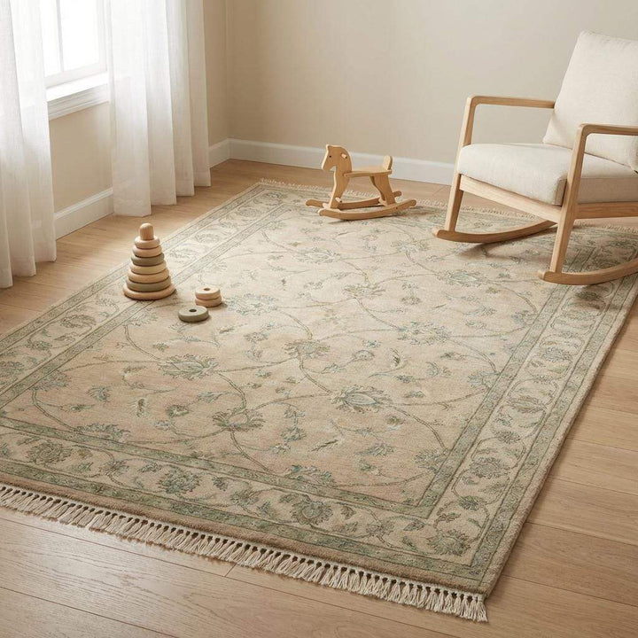 Translation missing: en.Hand-Knotted Oushak Wool Rug, Muted Sage Green Floral Area Rug