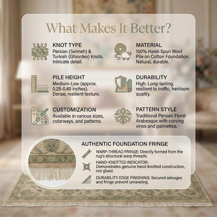 Translation missing: en.Hand-Knotted Oushak Wool Rug, Muted Sage Green Floral Area Rug