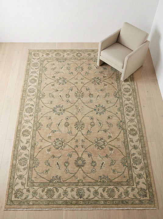 Translation missing: en.Hand-Knotted Oushak wool rug in muted sage green with floral pattern and natural wool texture