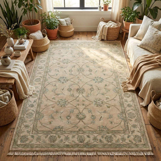 Translation missing: en.Wide shot of a handmade wool area rug on light hardwood floors, demonstrating how the muted green accents complement neutral home decor