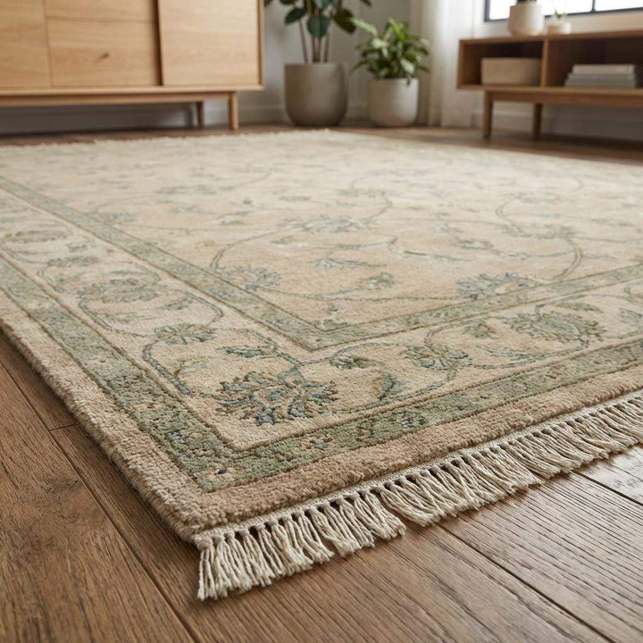 Translation missing: en.Hand-Knotted Oushak Wool Rug, Muted Sage Green Floral Area Rug