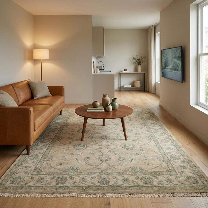 Translation missing: en.Angled view of a sage green floral rug showing the low-profile wool pile and the way the colors shift beautifully in natural light