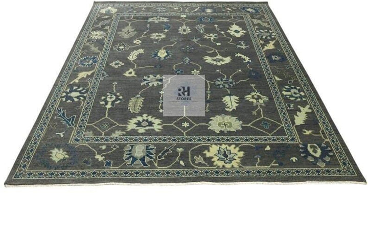Translation missing: es.Hand knotted Oushak wool rug with traditional floral design in muted gray, 8x10 area rug